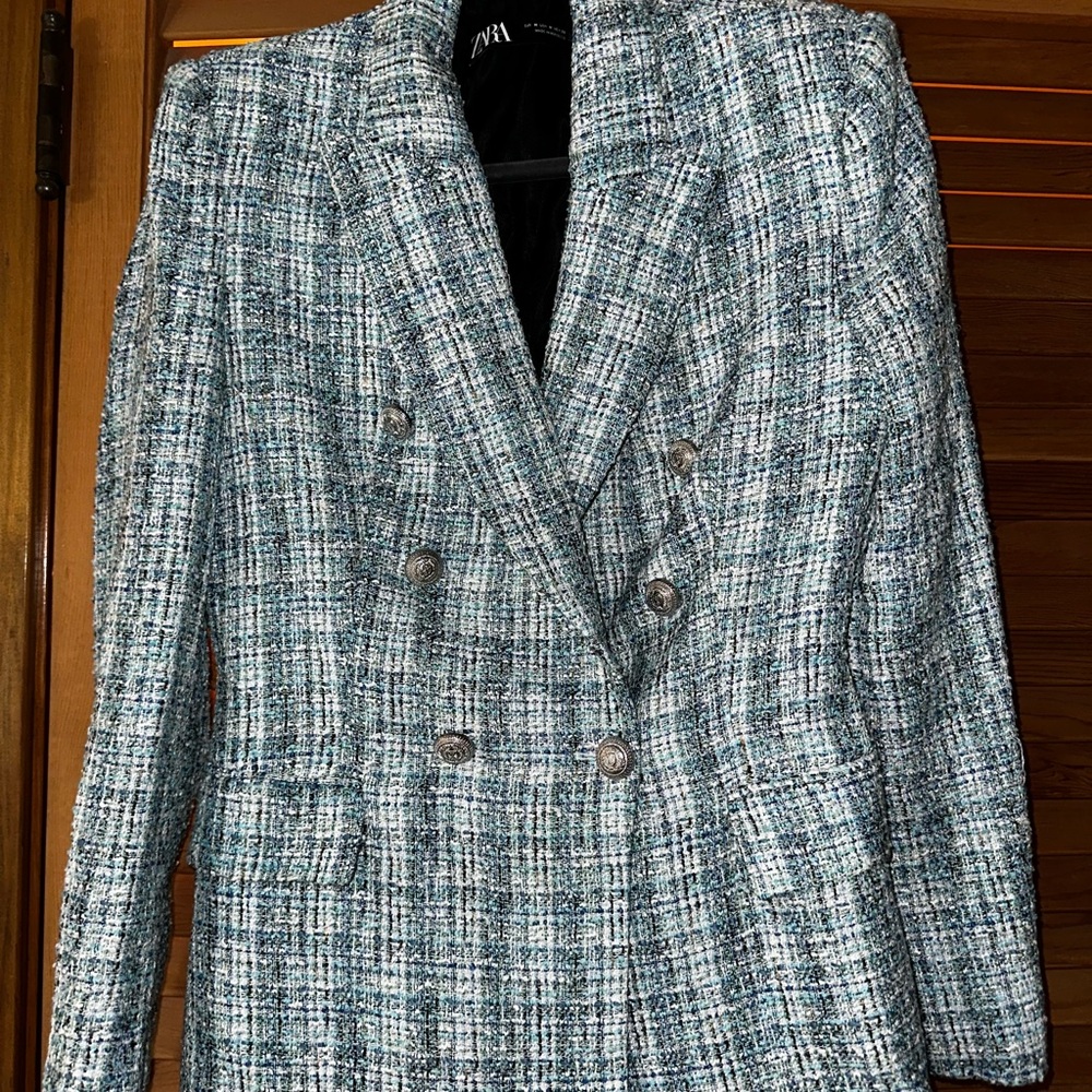 Zara Tweed Double-Breasted Blazer in Blue and Grey